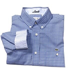 Lacoste Boys Blue Gingham Button Down Long Sleeve Shirt Size 14 Gator Emblem